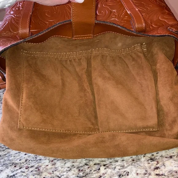 Patricia Nash Embossed Leather Large Tote Brown Tooled Floral Suede Shoulder Bag - Picture 10 of 17